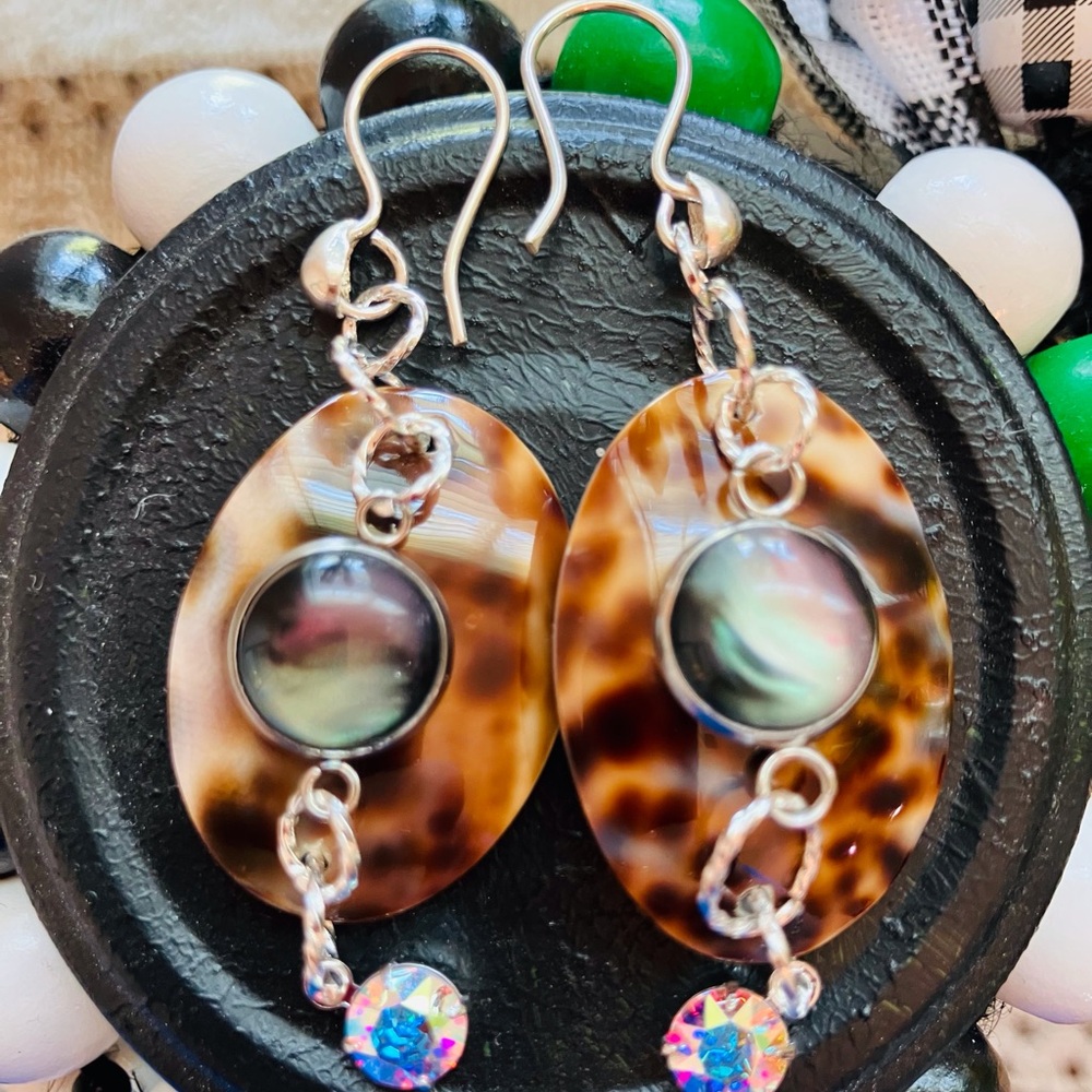 Handmade Seashell and Cabochon Silver Dangle Earrings 2 1/2 Inches